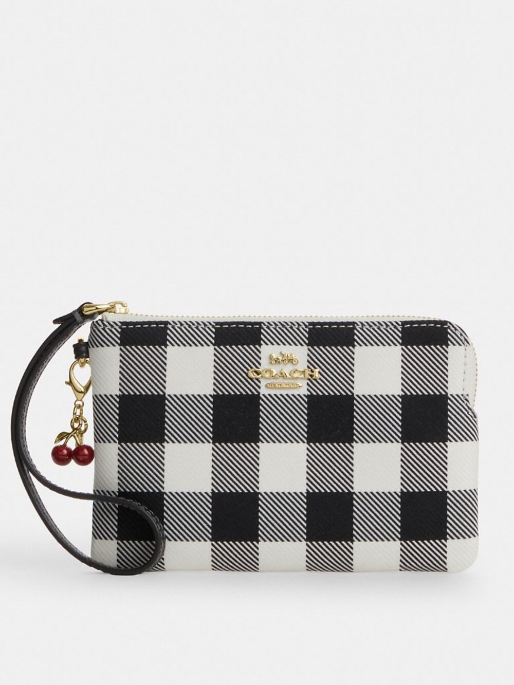 Coach Corner Zip Wristlet With Gingham Print And Charm